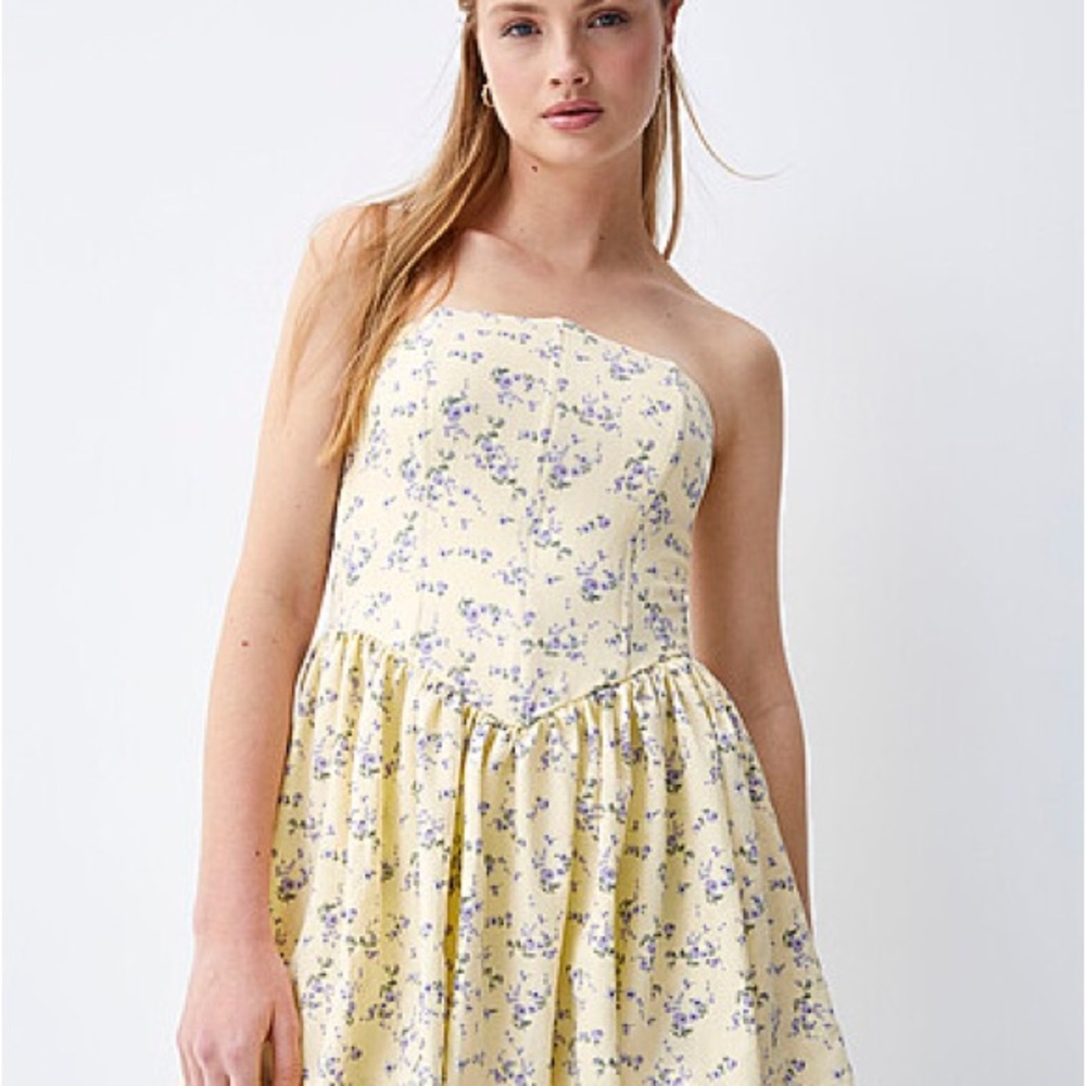 Simons Strapless Yellow and Purple Floral Mini Dress